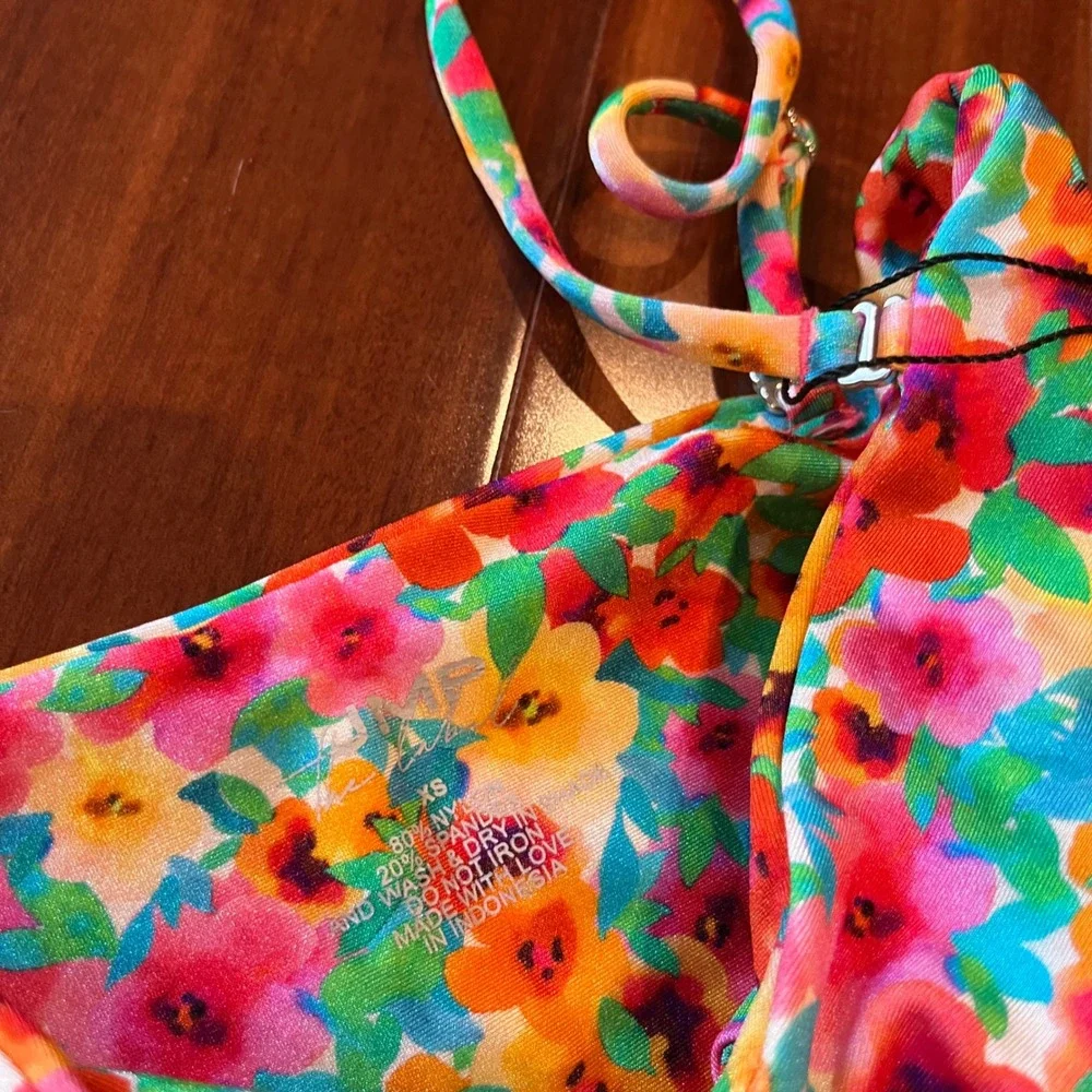 JMP One Piece Swimsuit Tropical‎ Floral Pink Green Multi Cutout New Size XS